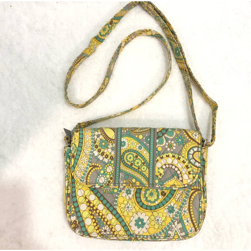 Vera Bradley Womens Yellow Paisley Crossbody Bag Quilted Flap Snap Front Purse